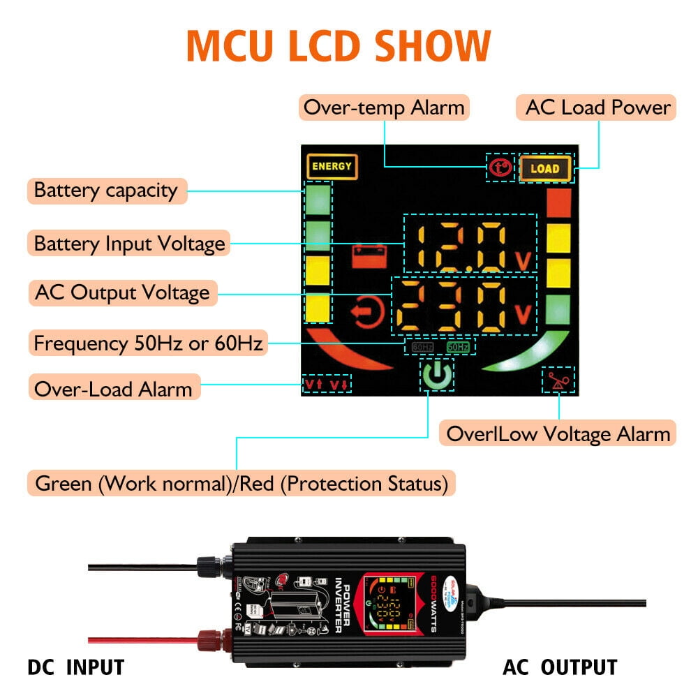 MDHAND 3000W 12V Pure Sine Wave Battery Converter DC 12V to AC 110V with Built-in 2 USB port,1 Socket,LCD Display and 1 Cigarette Lighter Adapter Solar Power Inverter