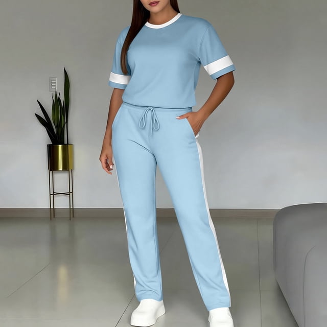 Uootdi Athleisure Sets Women Solid Color Striped Trim Short Sleeve Tee And Long Trousers Soft Breathable Gym Wear Sets Gift