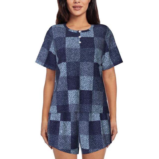 Xecao Blue Gingham Buffalo Check Pattern Women's Short Sleeve Pajama Set Soft Sleepwear Lounge Set with Button Front Top and Drawstring Shorts with Pockets-Medium