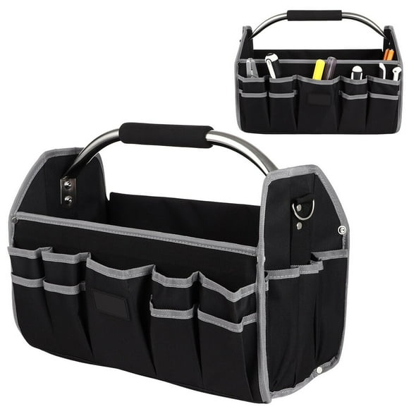 16-inch Foldable Tool Bag, Open Top Tote Bag, Fabric Tool Bag, 16-inch Wide Mouth Tool Bag, 21 Pocket Tool Bag with Removable Shoulder Strap for Tool Organization and Storage