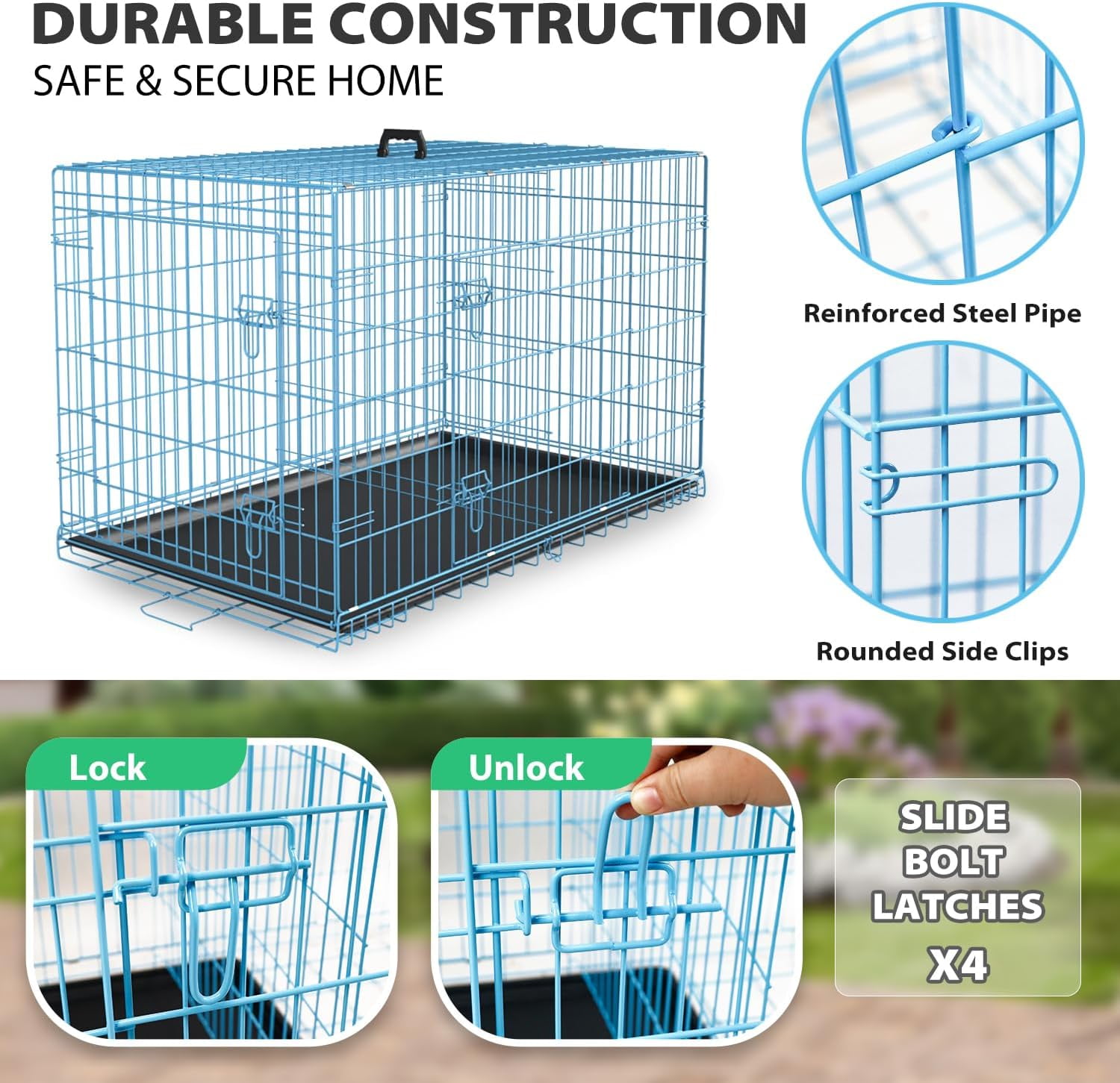 GREOKL Dog Crates for Medium Small Dogs Folding Metal Wire Crates Dog Kennels Outdoor and Indoor Pet Dog Cage Crate with Double-Door,Divider Panel, Removable Tray and Handle, 24" Blue