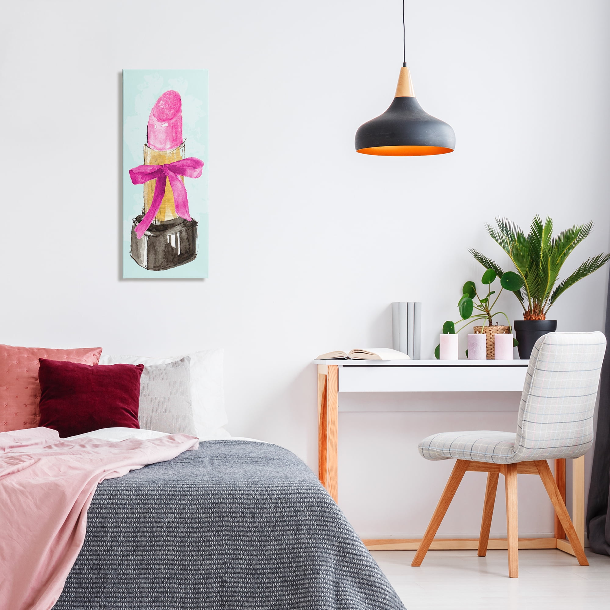 Stupell Industries Lipstick & Pink Bow Fashion Painting Wrapped Canvas Art Print Wall Art, 13 x 30