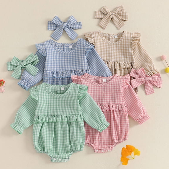 PIWHJQK Newborn Bodysuit Girl Plaid Long Sleeve Romper Bow Headband Infant Outfits