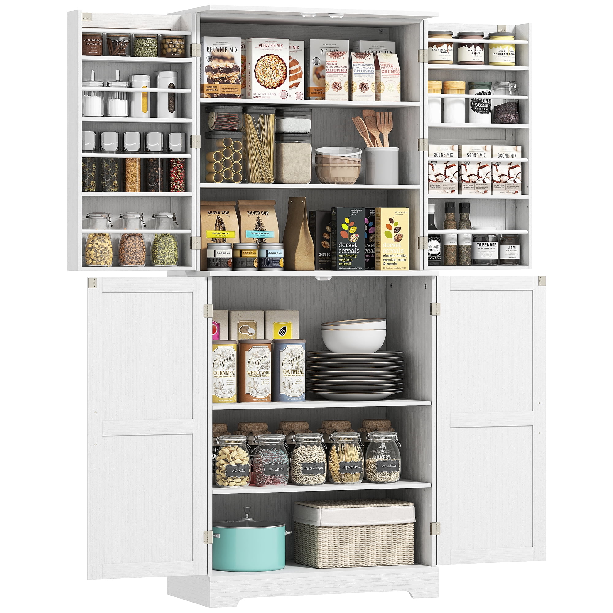 HOMCOM 72" Farmhouse Kitchen Pantry Cabinet, Tall Storage Cabinet with 4 Barn Doors, 4 Adjustable Shelves, 8 Door Shelves, Embossed White Wood Grain