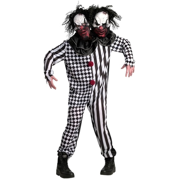 Morph Adult 2 Headed Killer Clown Costume Mens Womens Scary Halloween Fancy Dress Halloween Black XL