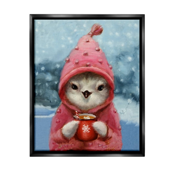 Stupell Industries Bird with Winter Cocoa Holiday Painting Black Floater Framed Canvas Art Print Wall Art, 17 x 21