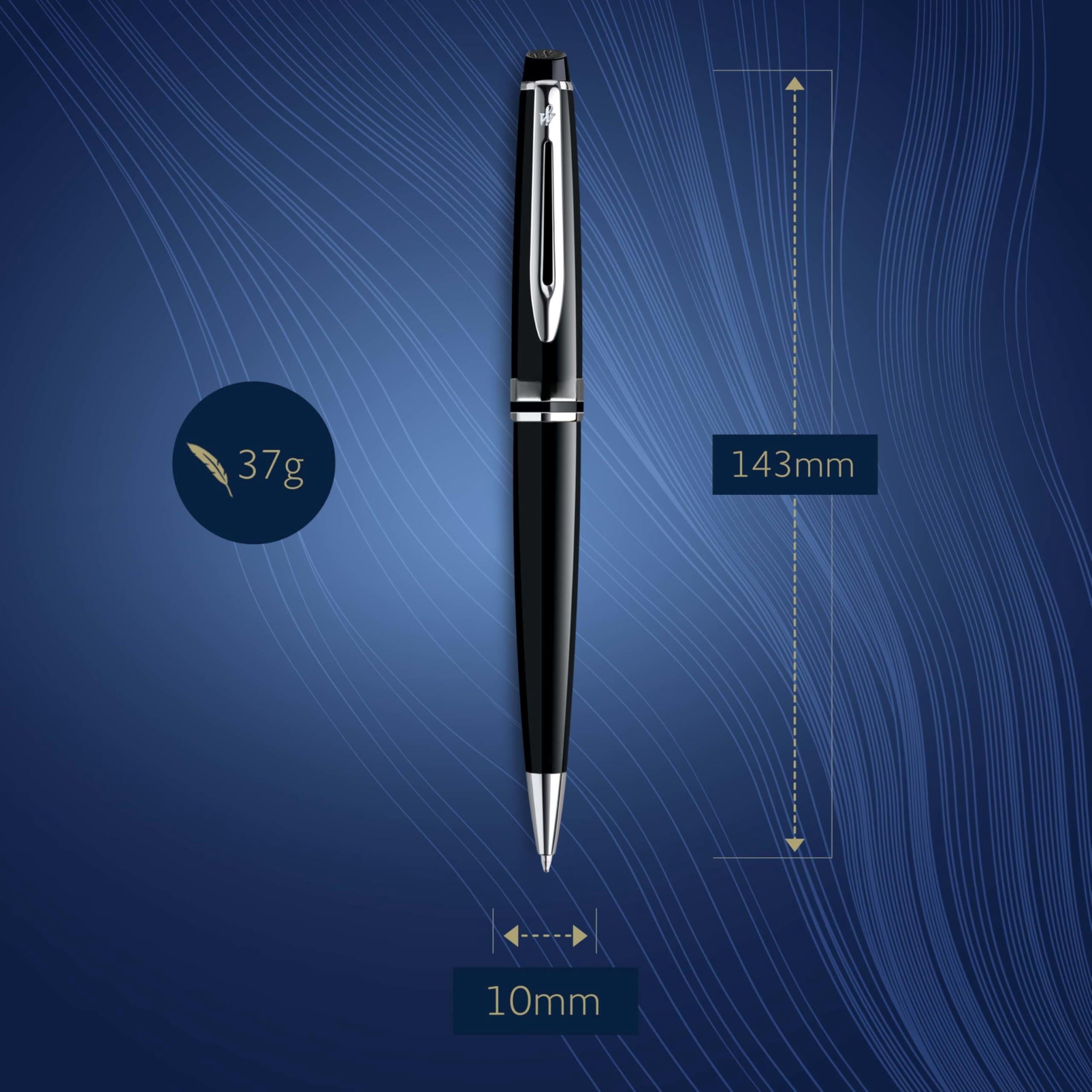 Expert Ballpoint Pen  Gloss Black With Chrome Trim Medium Tip Blue Ink Luxury In Gift Box - Writing Comfort Signature Style Polished Professional