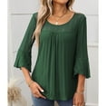 thumbnail image 4 of Defitshape Women's 3/4 Sleeve Blouse Casual Blouse Shirt Chic Crew Neck Chiffon Date Flare Sleeve Illusion Shirt Dark Green Medium, 4 of 5