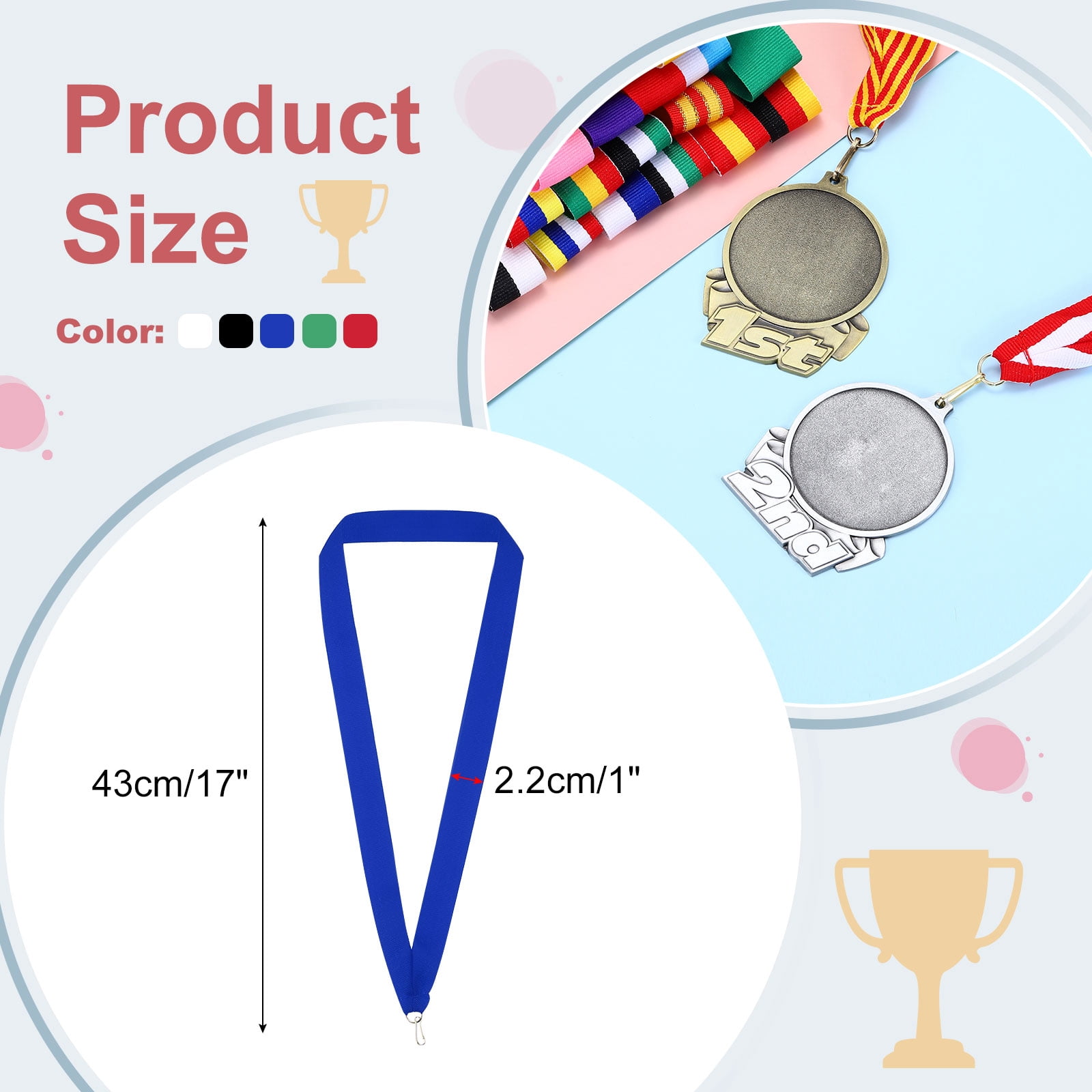 Uxcell Award Neck Ribbons with Snap Clips Polyester Medal Lanyards for Competitions 5 Color 100 Pack