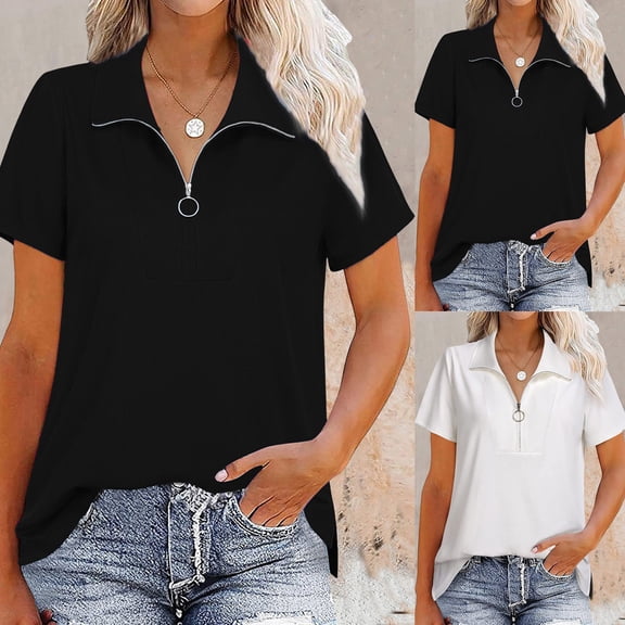 SXCXLSA Women's Front Zipper TShirt, Casual Solid Color Short Sleeve Summer Top