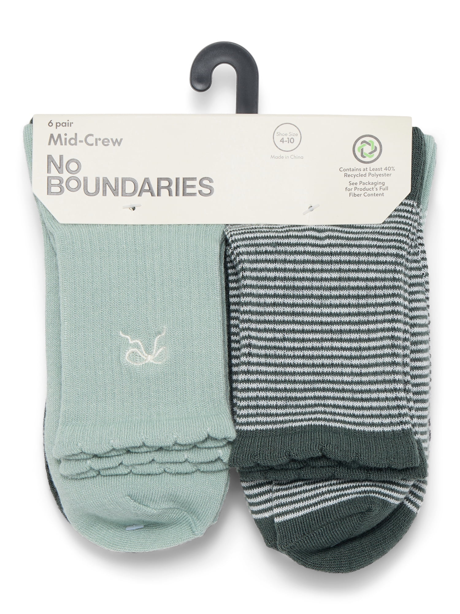 No Boundaries Women's Embroidered Scallop Edge Mid-Crew Socks, 6-Pack, Size 4-10