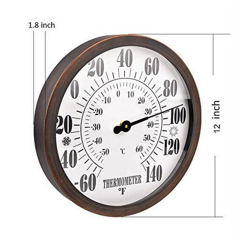 12 Indoor Outdoor Thermometer Decorative - Large Outdoor Thermometers for  Patio, Round Wall Thermometer with Stainless Steel Enclosure, No Battery  Needed Hanging Thermometer Outdoor (Bronze) 