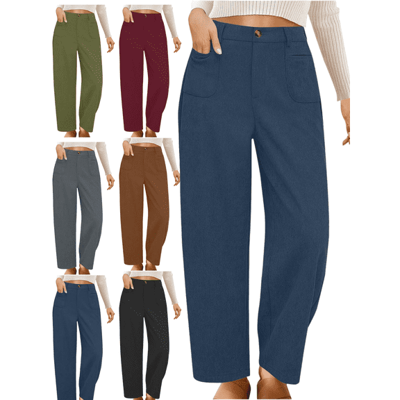 Corduroy Dress Pants Women Business Casaul Elastic Waist Straight Slacks Button Flat Front Pant Ladies High Waisted Long Trousers with Pockets Fall Winter Trendy Work Clothing Soild Color Officewear