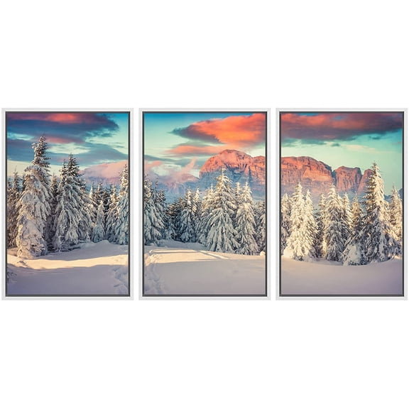 wall26 Framed Canvas Print Wall Art Set Winter Snowy Mountain Forest Sunset Nature Wilderness Photography Realism Rustic Landscape Colorful Cool for Living Room, Bedroom, Office - 16"x24"x3