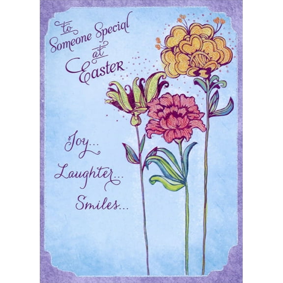 Designer Greetings Green, Yellow, Pink Flowers on Tall Stems : Blue with Purple Border Easter Card for Someone Special