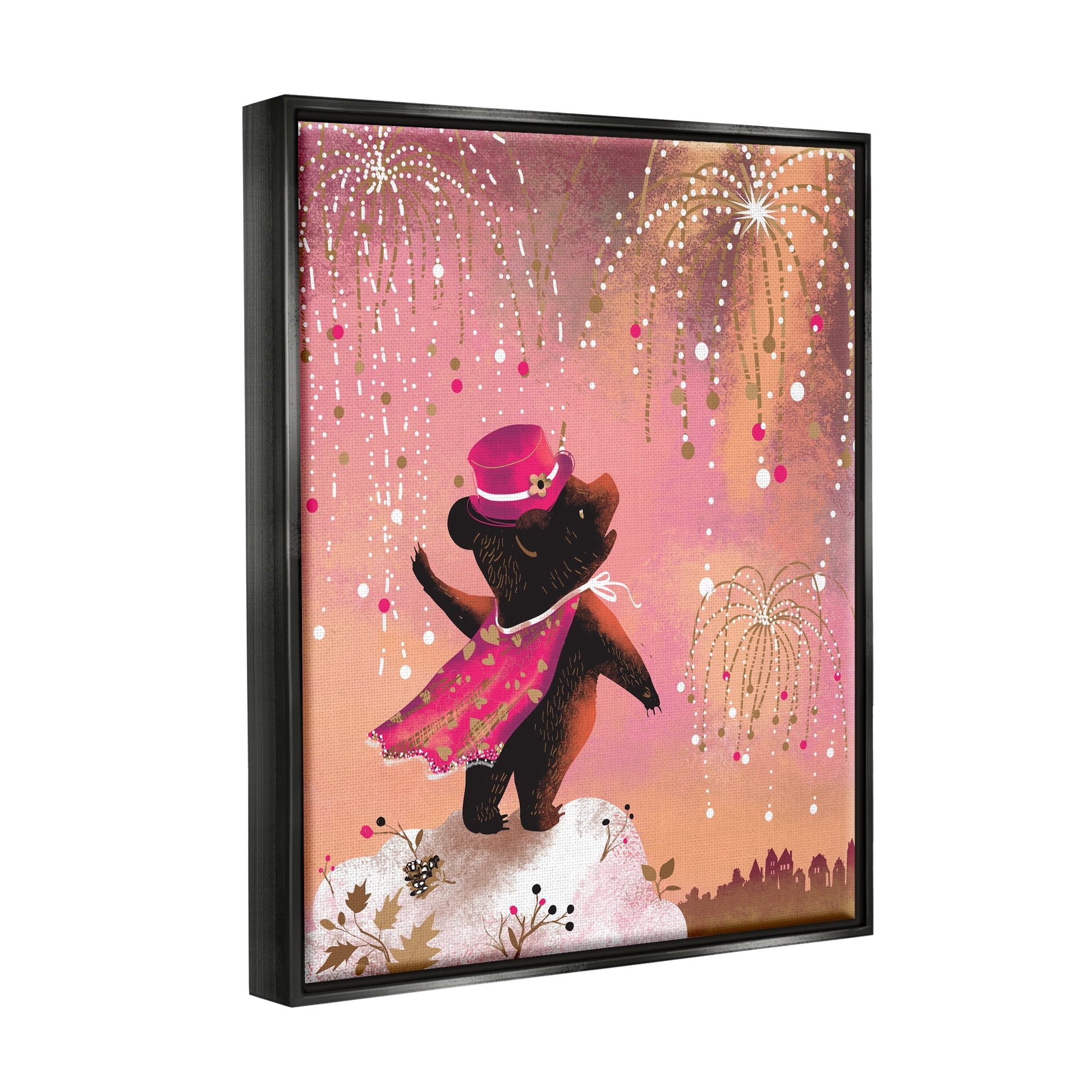 Stupell Industries Whimsical Bear with Fireworks Animals & Insects Painting Black Floater Framed Canvas Art Print Wall Art, 17 x 21