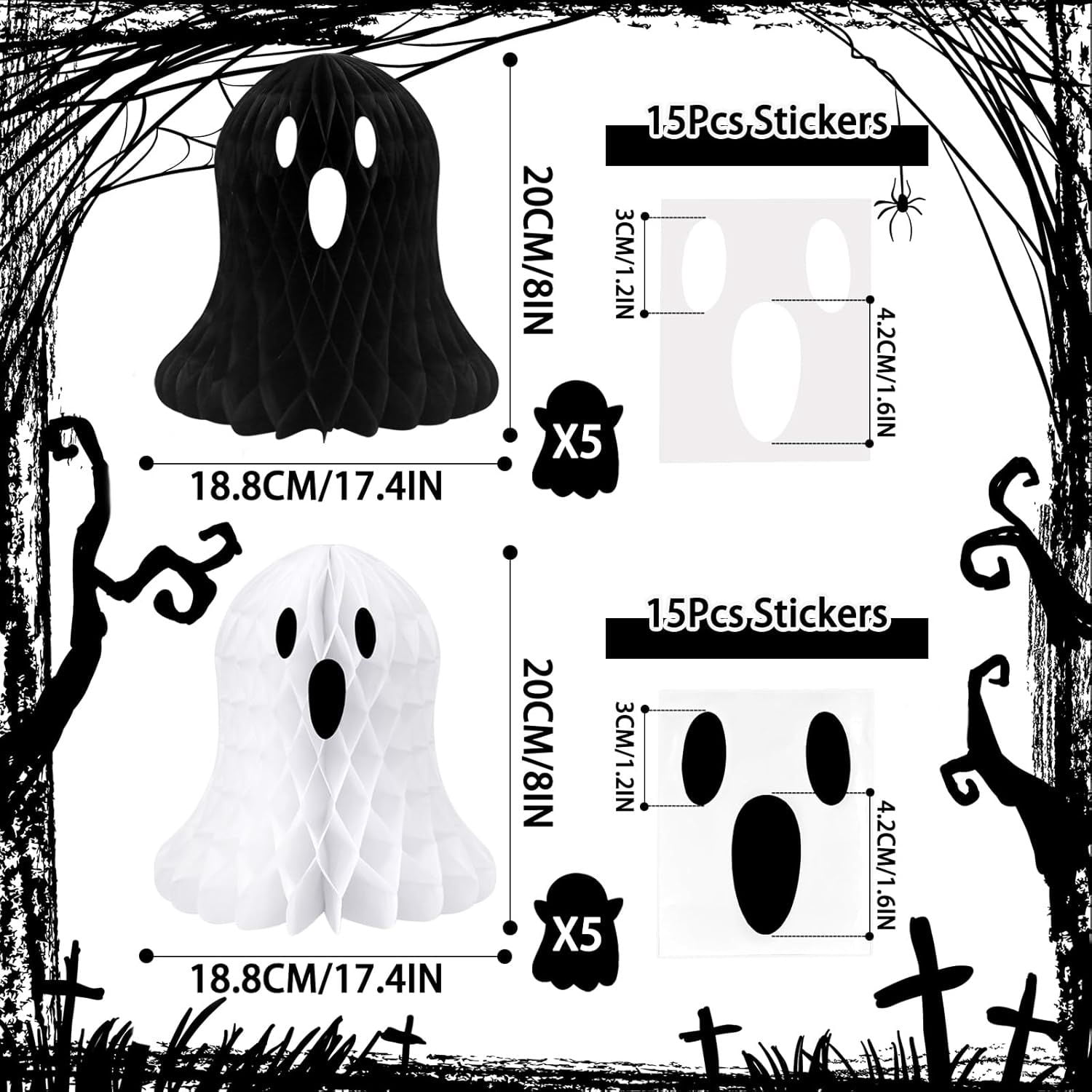 10 Pack Hanging Ghost Honeycomb Paper Decorations for Halloween Party