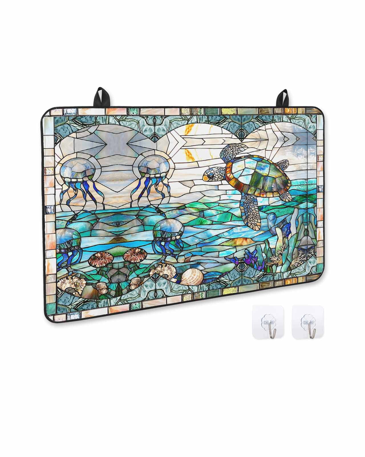 nqOlkjepod Large Induction Cooktop Protector Mat 36"x21", Stained Glass Sea Turtle Stove Top Covers for Electric Stove, Summer Coastal Ocean Jellyfish Stove Burner Cover Mats, Glass Top Stove Cover