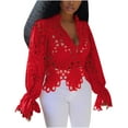thumbnail image 4 of Dyegold Summer Tops for Women 2023, Lace Crochet Blouses for Women Fashion 2023 Casual Tunics Sexy Hollow Out Flare Long Sleeve Tees Shirt V Neck ​Tunic Tops, 4 of 7