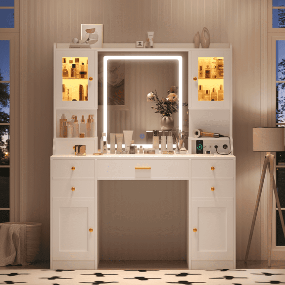 White Makeup Vanity Desk with Mirror and Lights, Large Vanity Table Set with Charging Station, Dressing Table with RGB Cabinets, Makeup Vanity Mirror with Lights Desk and Drawers, 3 LED Lights Modes