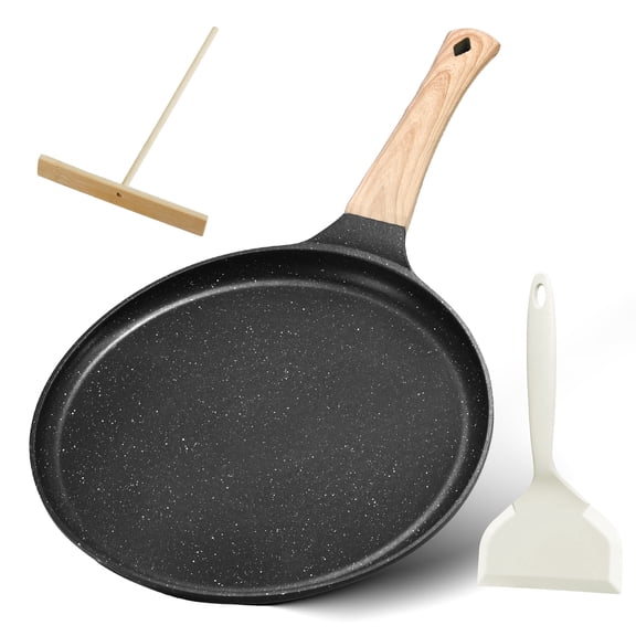 11 inch Crepe Pan with Spreader and Spatula, Nonstick Granite Coating Dosa Pan, Roti Tawa Comal Para Tortillas Pancake Griddle Pan, Induction Compatible, Black