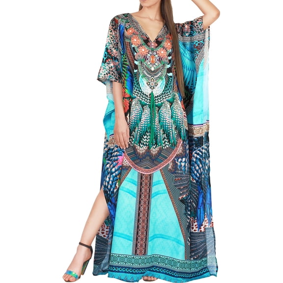 LA LEELA Women's Summer Loungewear African Beach Maxi Kaftan Casual Slit Dress Caftan Slit Dresses for Women 2X-3X Azure, Abstract
