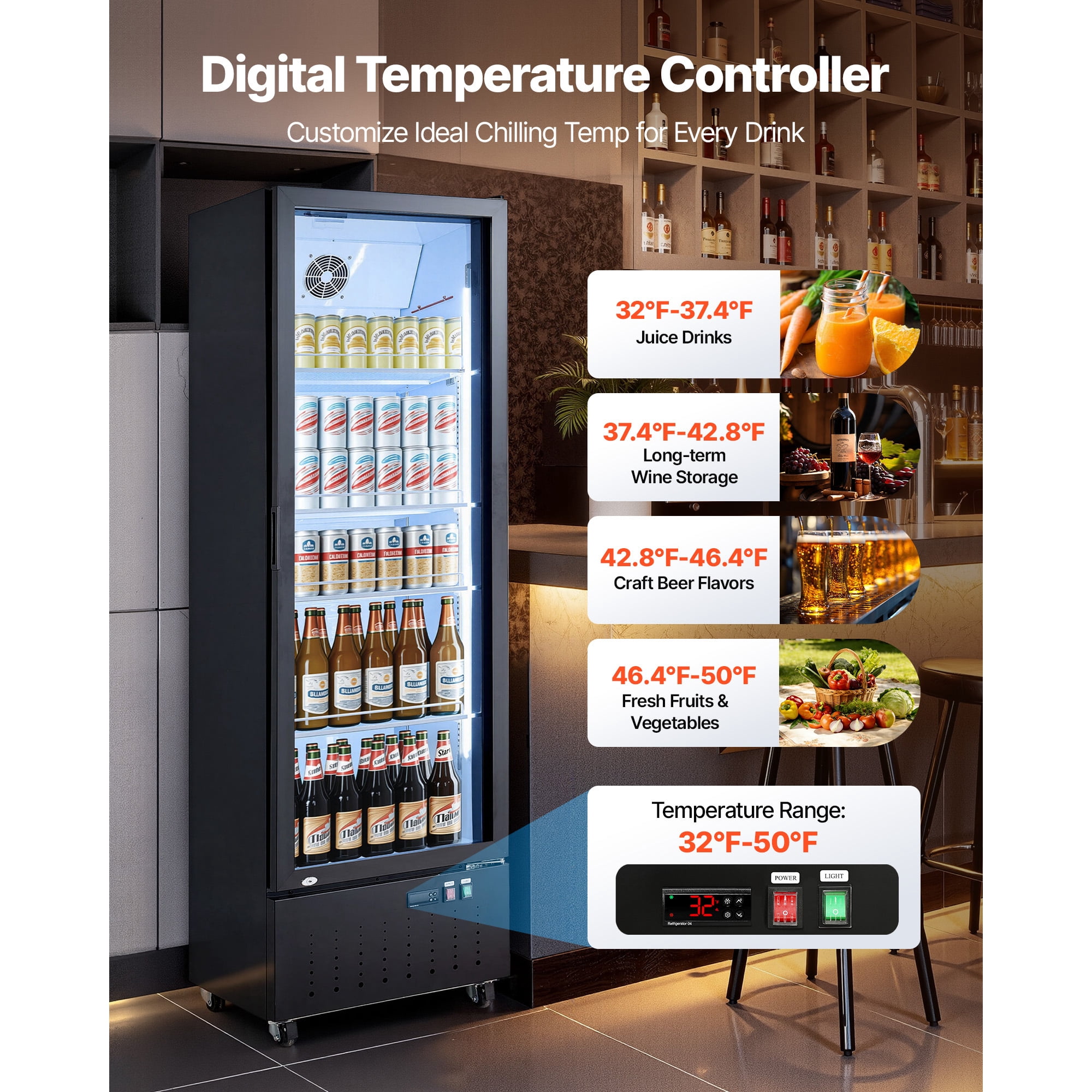 KFFKFF Commercial Glass Door Refrigerator, 12.7 Cu.Ft / 360 L Upright Beverage Cooler with Adjustable Shelves, LED Lighting, and Casters for Home, Shop, or Bar Use