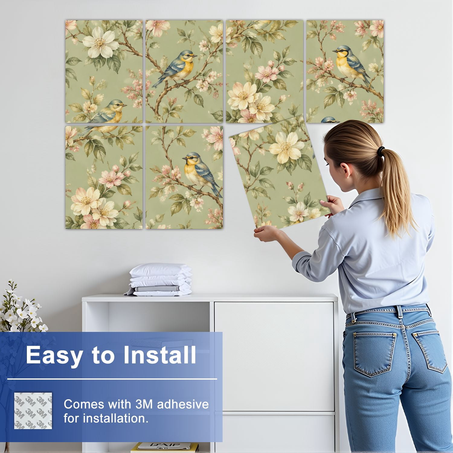 8 Pack Art Acoustic Panels Sound Absorbing Seamless Birds Branches Floral Elements Vintage Style Decorative Soundproof Wall Panels Self Adhesive for Nursery Game Room Bedroom 48"x32"