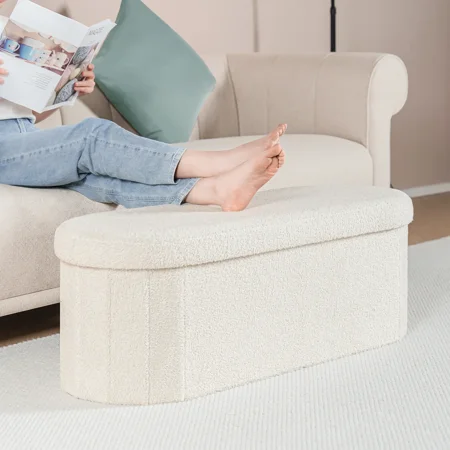PINPLUS Storage Ottoman Bench Tufted Oval Ottoman Bench Foot Rest Velvet Bench with Storage 43" White