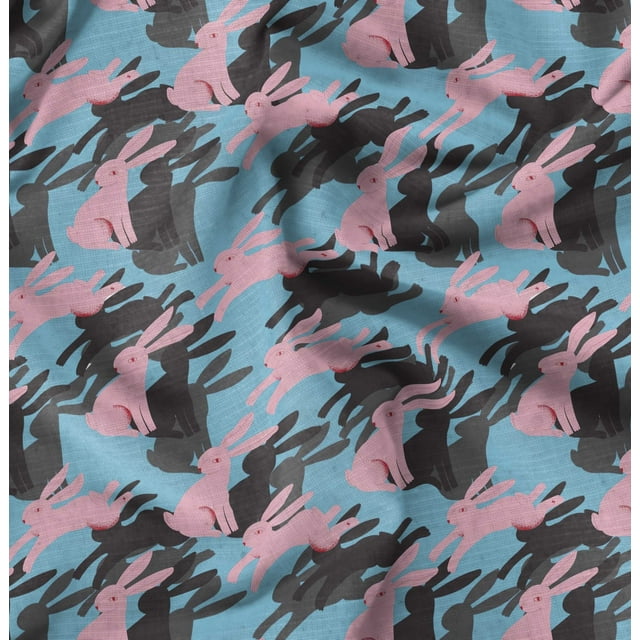 Soimoi Blue Rayon Fabric Bunny Rabbit Animal Print Fabric by the Yard 42 Inch Wide