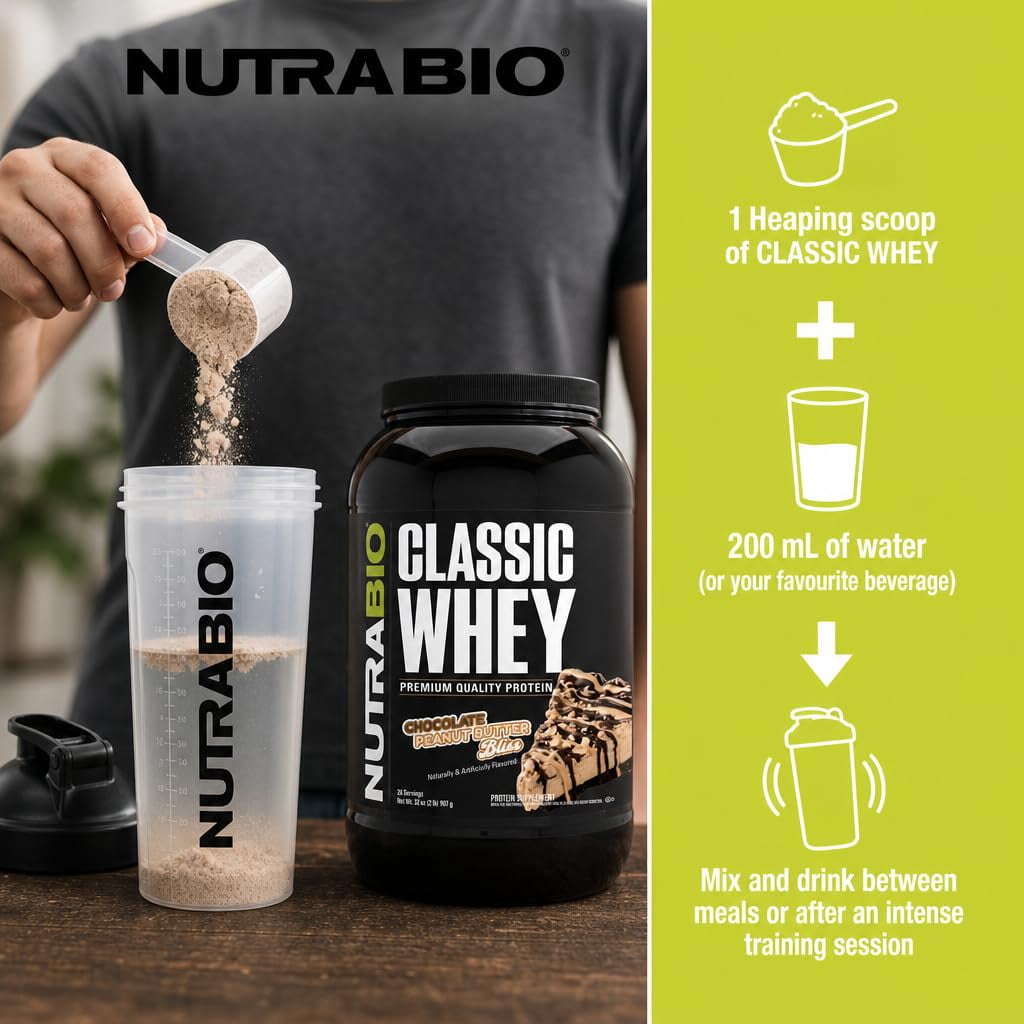 NutraBio Classic Whey Protein Powder- Full-Spectrum Amino Acid Profile - No Fillers, Artificial Colors, Preservatives - Low Glycemic Index - (Chocolate Peanut Butter, 2 Pounds)