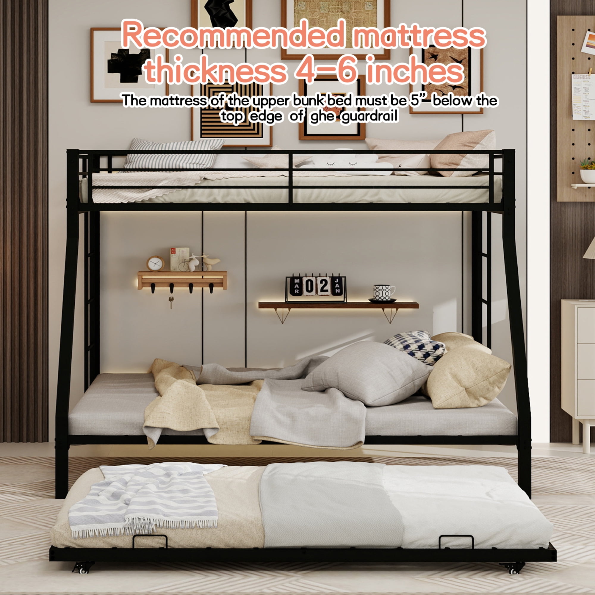 Leumius Metal Twin over Full Bunk Bed with Trundle, Space Saving Bunk Bed Frame with Ladder and Guardrails for Dorm, Apartment,Black