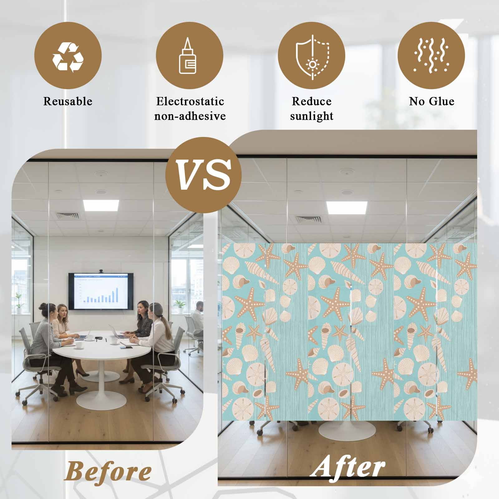 Starfish Shell Window Privacy Film, Abstract Ocean Beach Shore Teal Striped Frosted Glass Window Clings Static Cling UV Heat Blocking Reusable Door Sticker for Bathroom 23.6 x 59 Inch