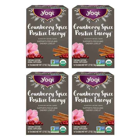 Yogi Tea Cranberry Spice Positive Energy - Organic Puerh Tea - Supports Focus & Energy - Caffeinated - Includes Cinnamon, Ginger & More - 16 Tea Bags Per Pack (4 Packs)