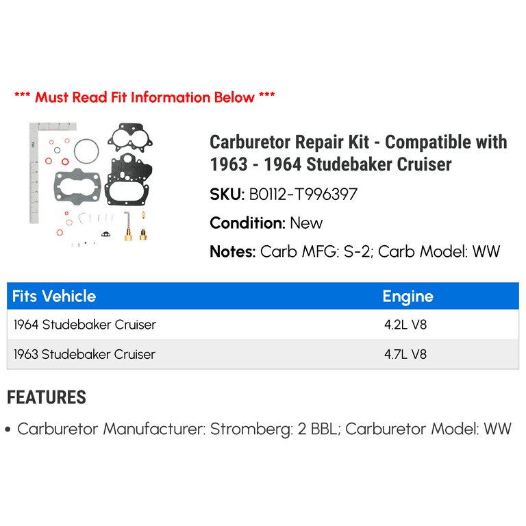 Carburetor Repair Kit - Compatible with 1963 - 1964