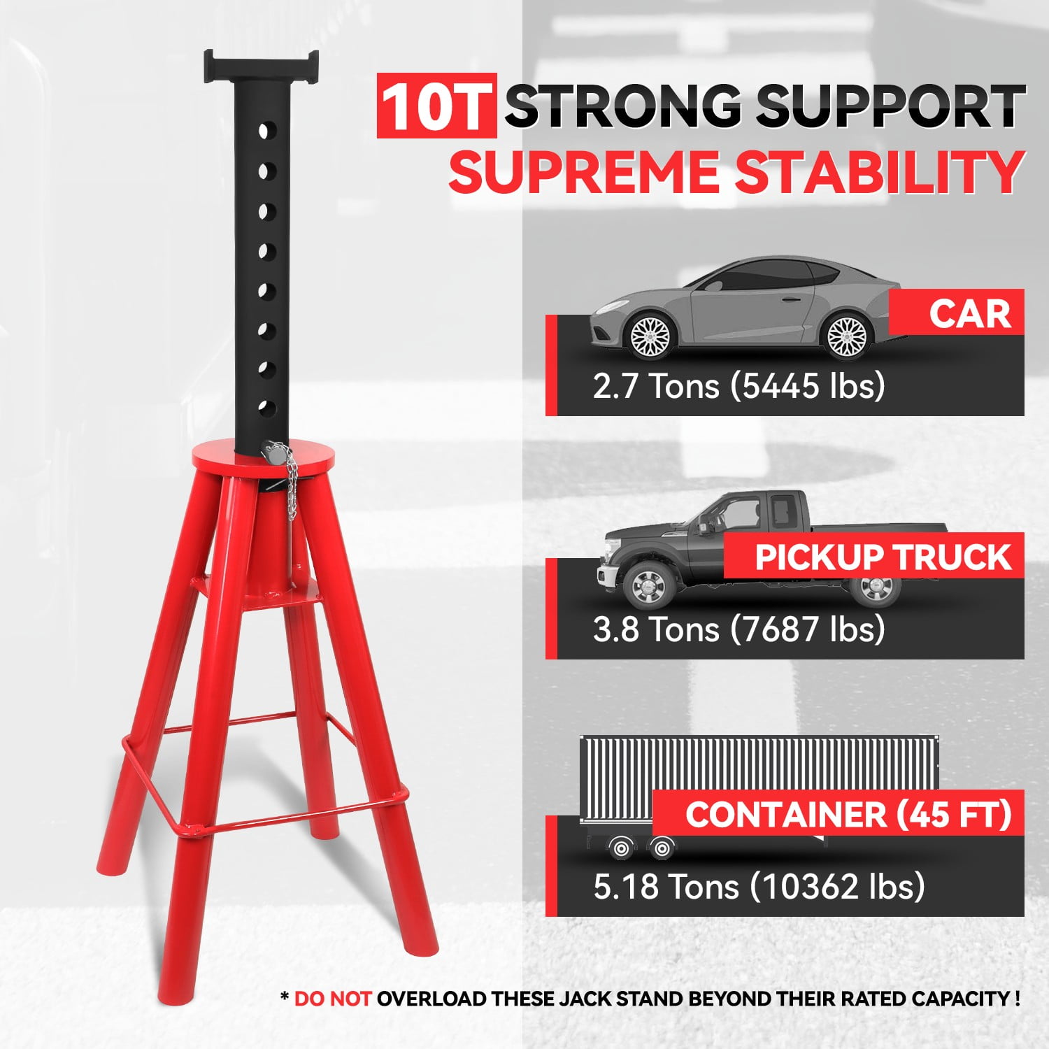 10 Ton (20000lbs) 28"- 47.5" Heavy Duty Steel Pin-Type Trucks Trailers Jack Stand Red