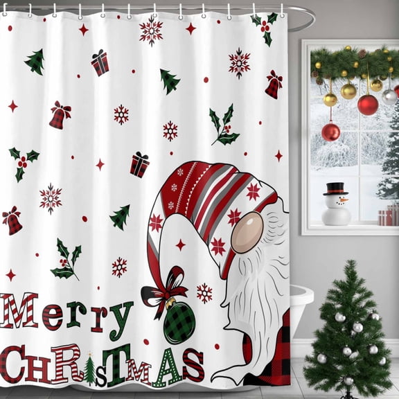 Christmas Shower Curtain Cute Gnome Shower Curtains for Bathroom Winter Holiday Xmas Decor, Waterproof Polyester Shower Curtain Set with Hooks, Extra Long 72" x 96" Holly Berry Snowflake