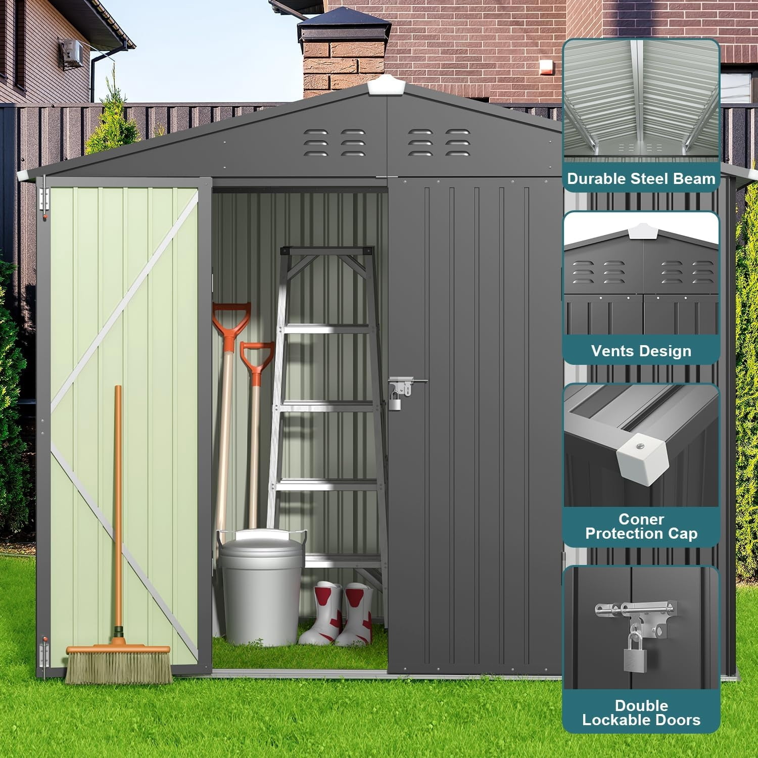 Asofer 8×6 FT Galvanized Metal Storage Shed, Lockable Double Door, Weatherproof Outdoor Garden Shed, Dark Grey