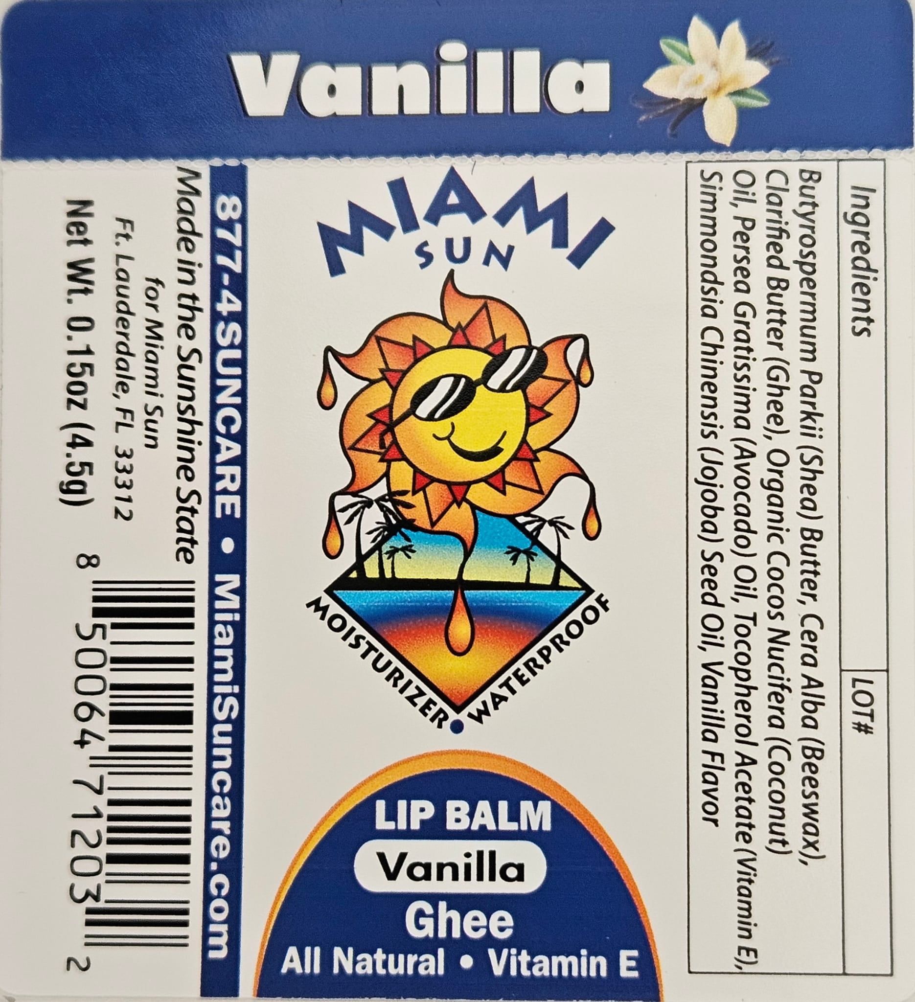 Miami Sun Natural Lip Balm – Vanilla Bean – Moisturizing & Hydrating Lip Care with Ghee, Jojoba & Avocado Oils (12 pcs)