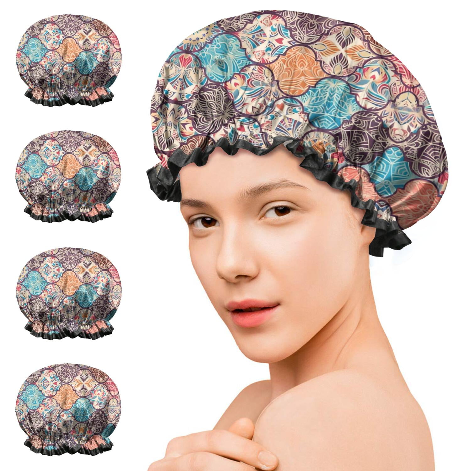 Shower Caps,Multicolor Ethnic Geometric Pattern Waterproof Shower Cap for Women 4 Pieces,Double Reusable Hair Cover for Shower PEVA Elastic Stretch Hem