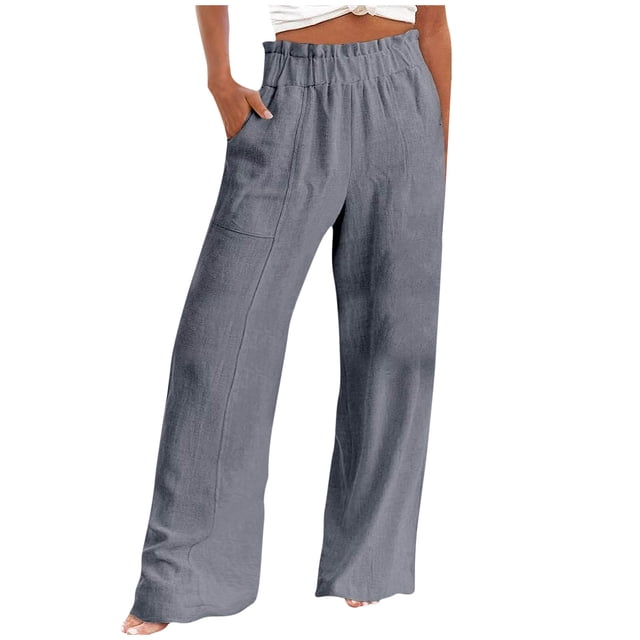 FNFYFH Clearance Comfortable Ladies Linen Pants Loose Fit Elastic Waist Solid