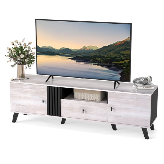 Costway Mid Century Modern TV Stand for 80" TVs with Open Shelf 2 Side Cabinets