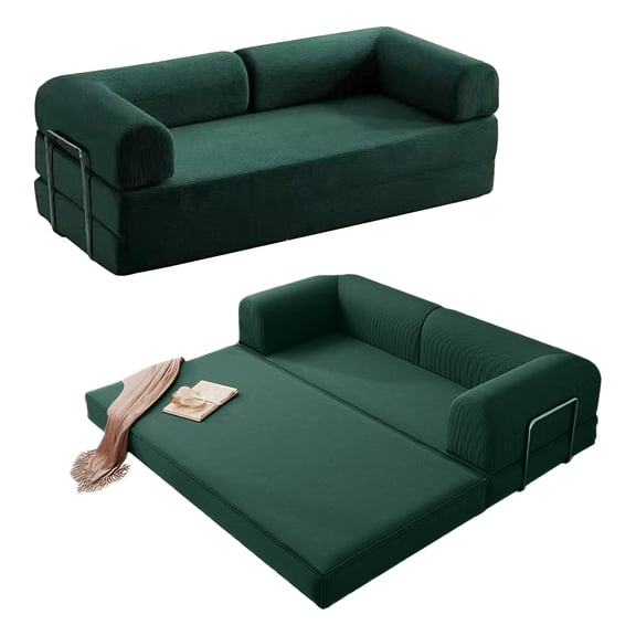 BEJOLO 79" Convertible Sleeper Sofa Bed with Pillow, Corduroy Folding Couch, Fixed-Shape Floor Sofa Lounge for Living Room Bedroom Studio (Green)