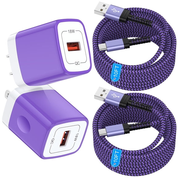 2 Pack Type C Charger Fast Charging QC 3.0 18W with 2Pcs 10FT USB-C to C Braided Type C Charging Cables, USB C Wall Charger Compatible with iPhone 17/16/15 Pro Max iPad Pro Galaxy S26 Android, Purple