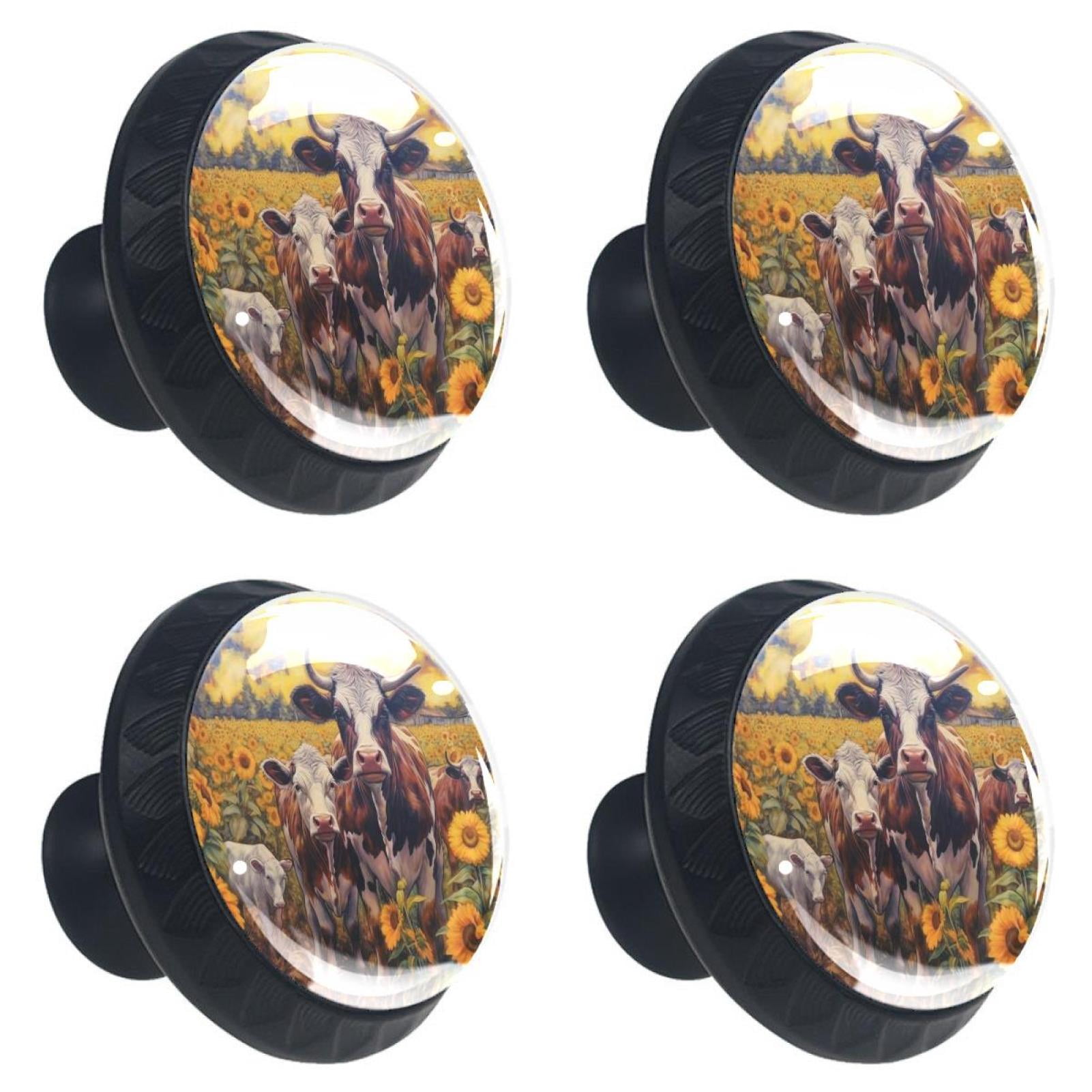 4 Pcs Cow and Sunflower Knobs for Kitchen Cabinet Cupboard Dresser Bookcase Drawer Pulls Handles Round Home Decor