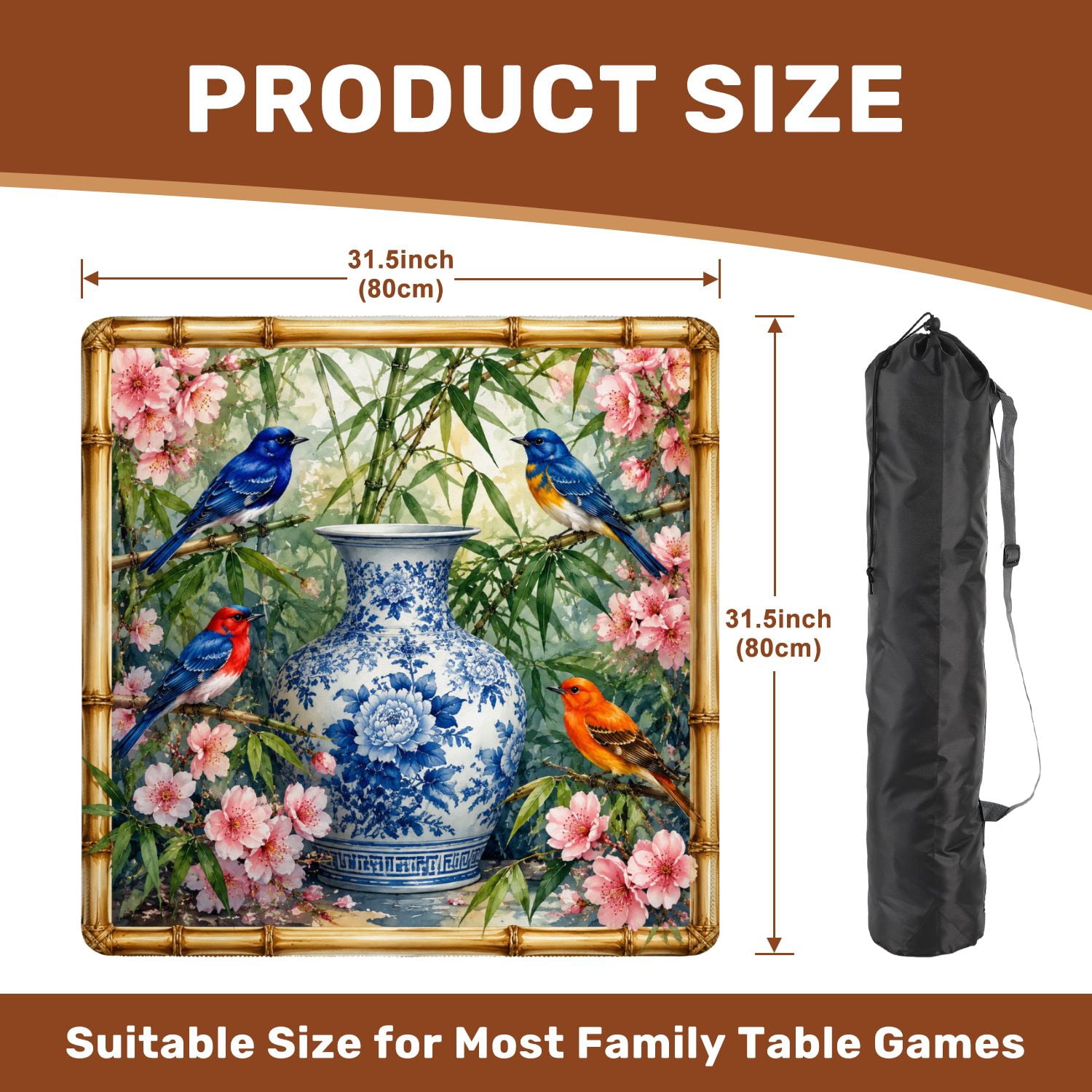 Mahjong Mat 31.5" x 31.5" Blue Red Birds Floral Vase Bamboo Botanical Art Style Non-Slip Noise Reduction Mahjong Tiles Table Cover for Dominoes Poker Card Board and Tile Games