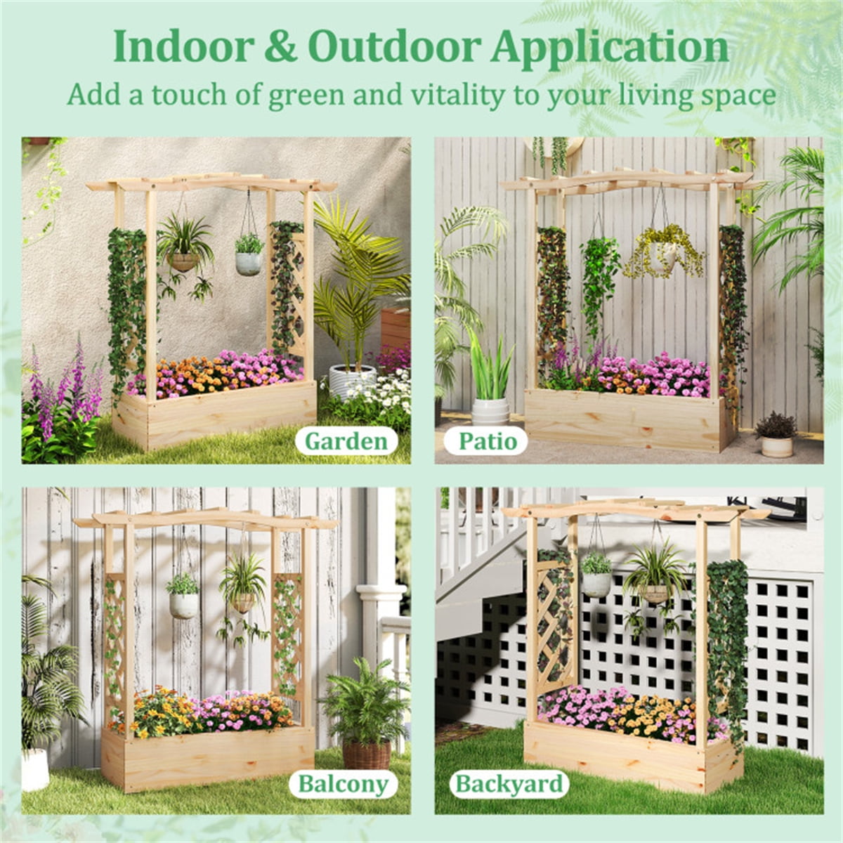 1 Pack Wooden Raised Garden Bed Planter Box with Hanging Roof 44Inch Pine Wood Elevated Outdoor Indoor Patio Balcony Backyard Flowers Herbs Vegetables Trellis Drainage Natural Easy Assembly
