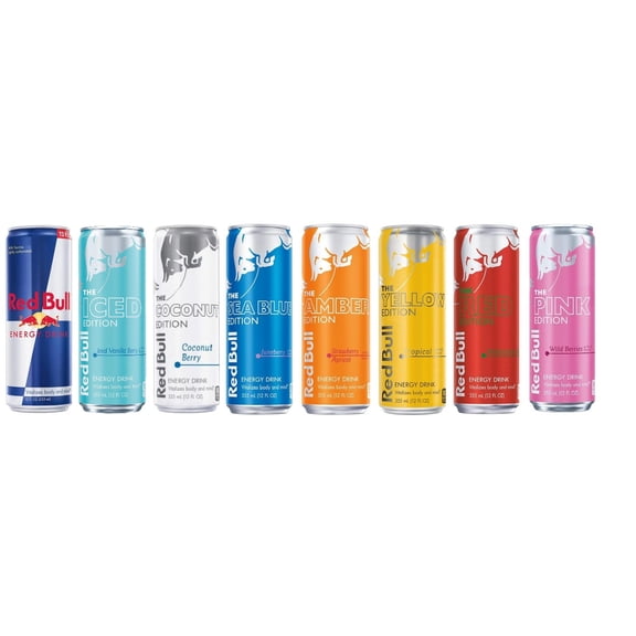 New Red Bull Editions Sampler Pack: Red, Yellow, Blue, Original, Peach, Green, Coconut Berry and Peach Apricot 12fl.oz. (Pack of 16)