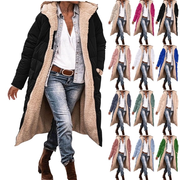 Jackets for Women Ndbuld Women's Winter Jacket Coat Fleece Lined Long Fluffy Coat Hooded Long Winter with Pockets Warm Parka Coat,Black,S