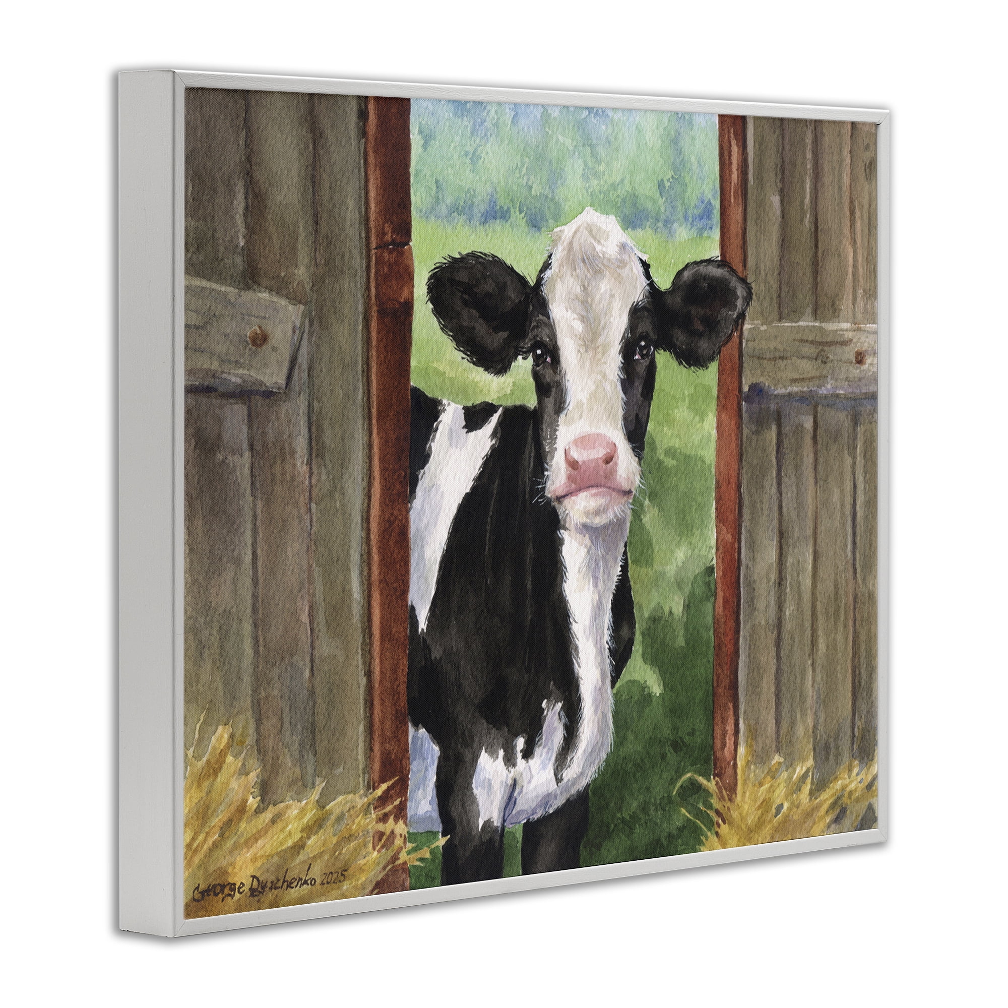 Stupell Industries Cow in Wooden Gate White Framed Giclee Art, design by George Dyachenko